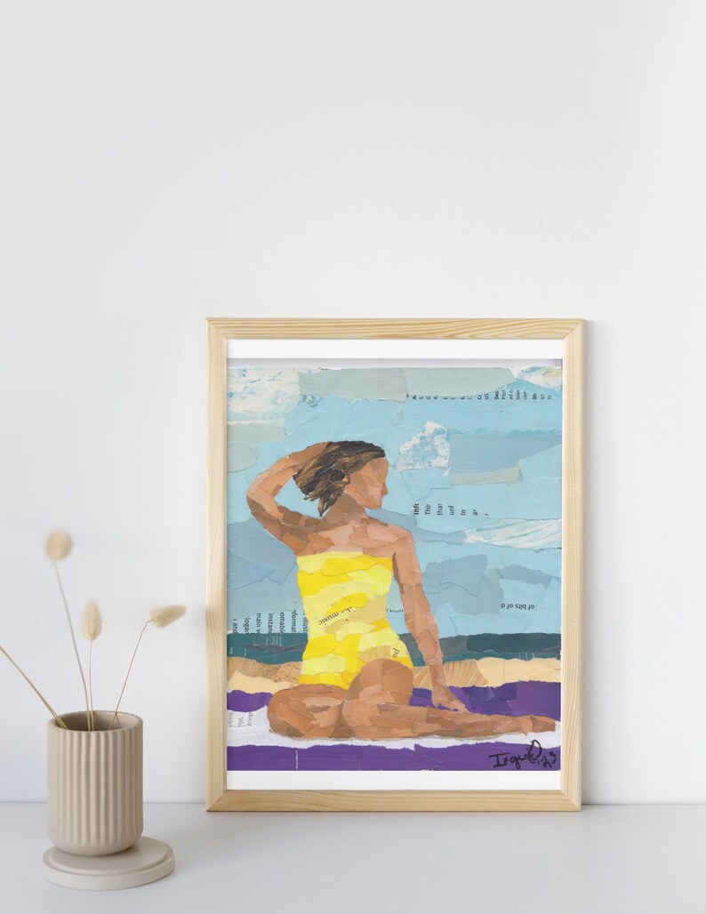 Sunbather woman in yellow suit on the beach torn paper collage original artwork, made from recycled books image 2