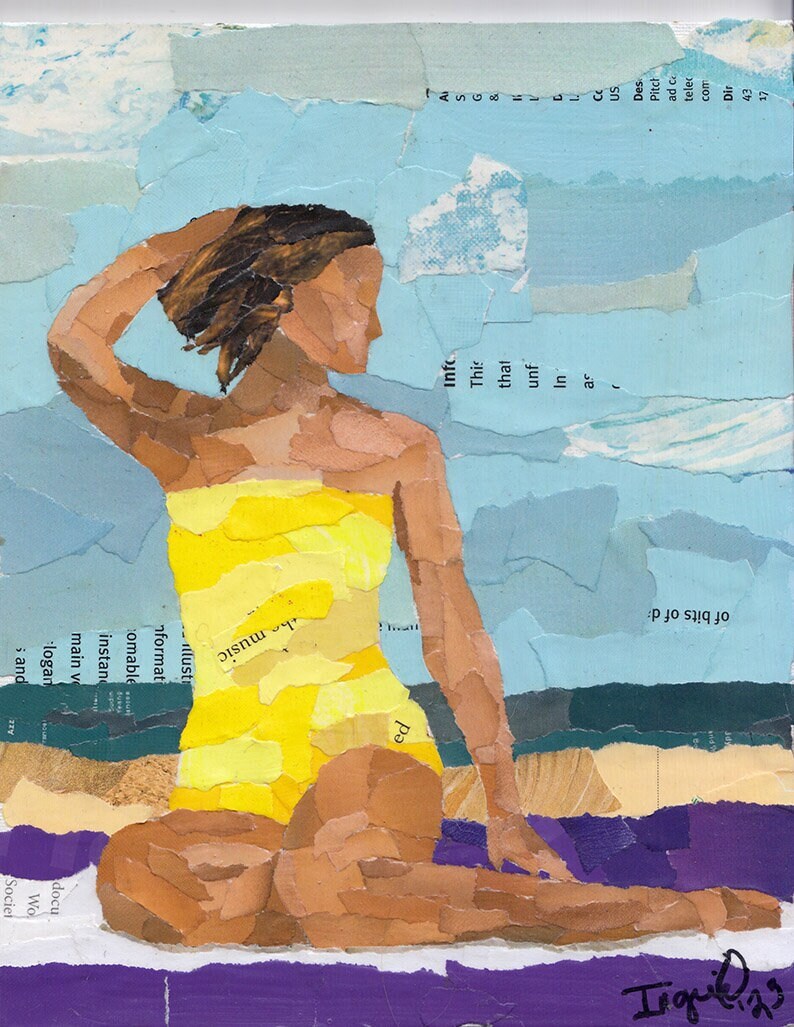 Torn paper collage of a woman  in a yellow bathing suit sitting on a purple and white striped towel.