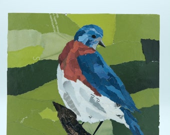 Torn paper collage - bluebird on green background - 8x8 artwork