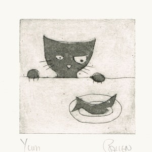 Mini Cat hand printed dry point etching print picture - ' Yum ' Strange New Universe