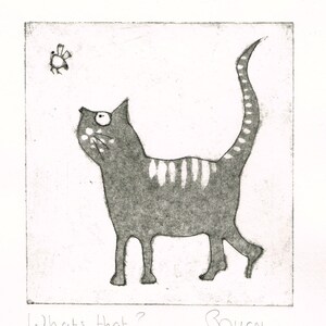 Dry point etching collagraph collograph print picture - ' Whats that? Cat ' Strange New Universe
