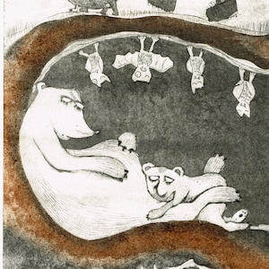 Large hand printed dry point etching  print picture , Sleeping bears -  Strange New Universe