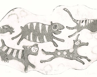 Dry point etching collagraph collograph print ' Run ' cave animals