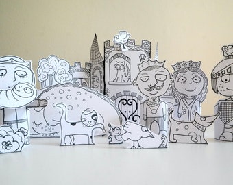Può includere: Set di artigianato in carta bianco e nero con un castello, un re, una regina, un cavaliere, un gatto, un uccello e un cane. I personaggi sono tutti vestiti con abiti medievali e hanno espressioni fantasiose.