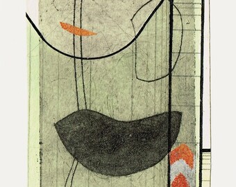 Tiny ACEO dry point etching print and collage picture - abstract mark making