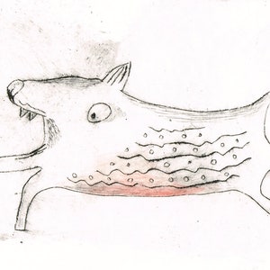 Catch, dog print, dry point etching, Strange New Universe