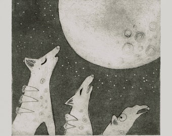 Bewitched, howling at the moon collagraph print picture -  Strange New Universe