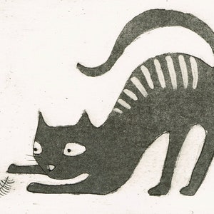 Cat hand printed dry point etching print picture - ' Play time ' Strange New Universe