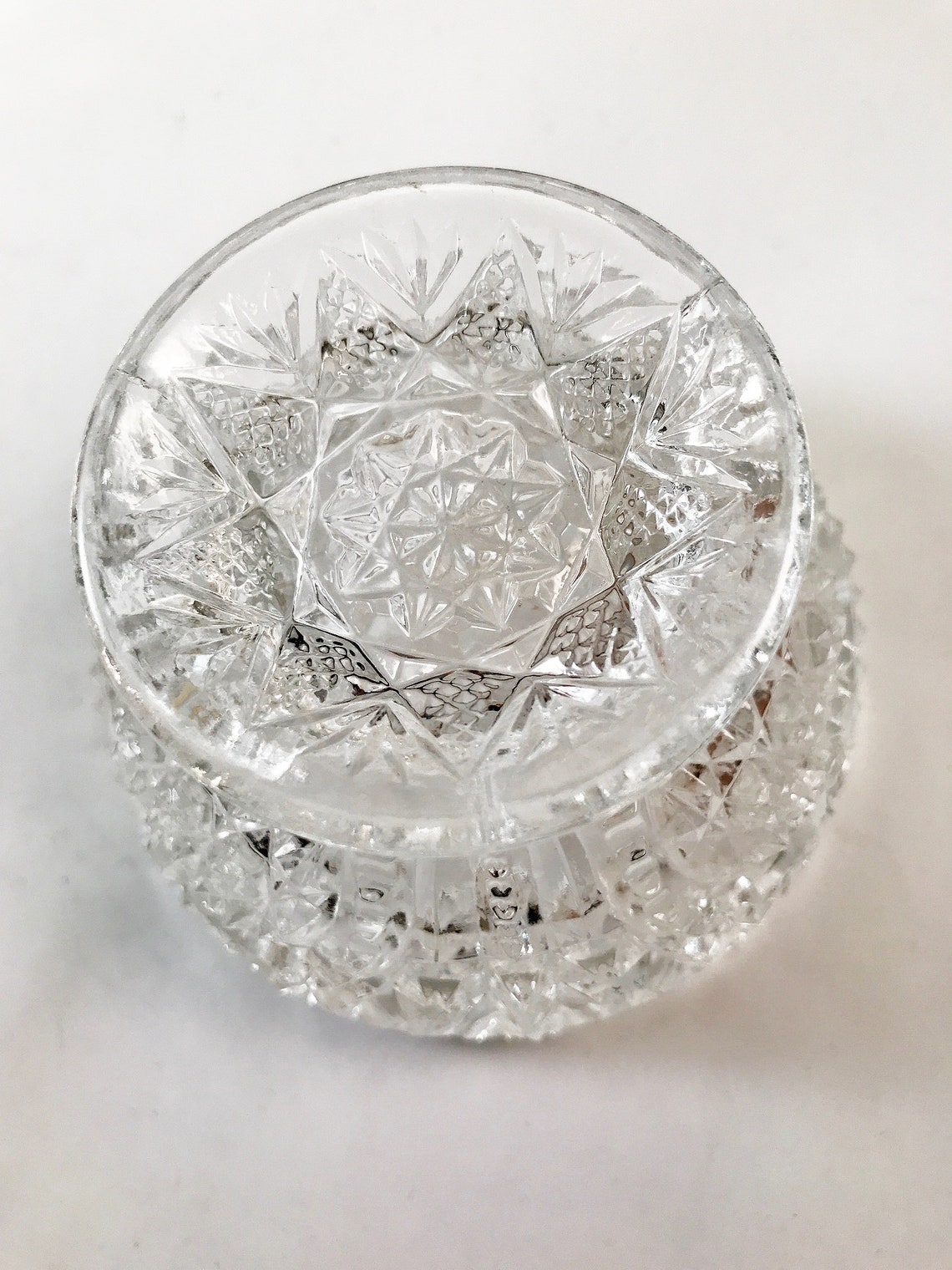Vintage Pressed Glass Small Compote With a Star Pattern in the Glass