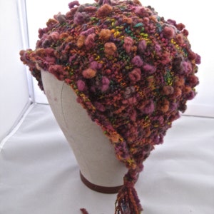 Maroon Knit Bonnet Handknit Tassled Hat Wool Knit Bonnet No Hat Hair Handknit Maroon Bonnet Woman's Knit Hat Boho Wool Hat maroon