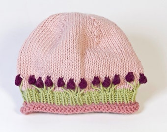 Pink Floral Hat * Spring Knit Hat * Handknit Girls Hat