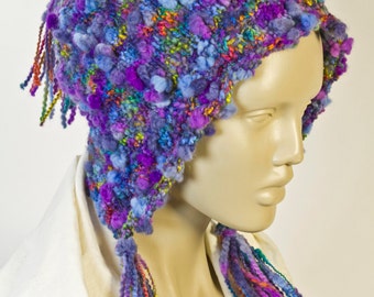 Blue Wool Bonnet * Blue Knit Hat * Handknit Wool Hat *Cute Winter Hat * Girl's Wool Hat * Woman's Wool Hat * Purple Tasseled Hat