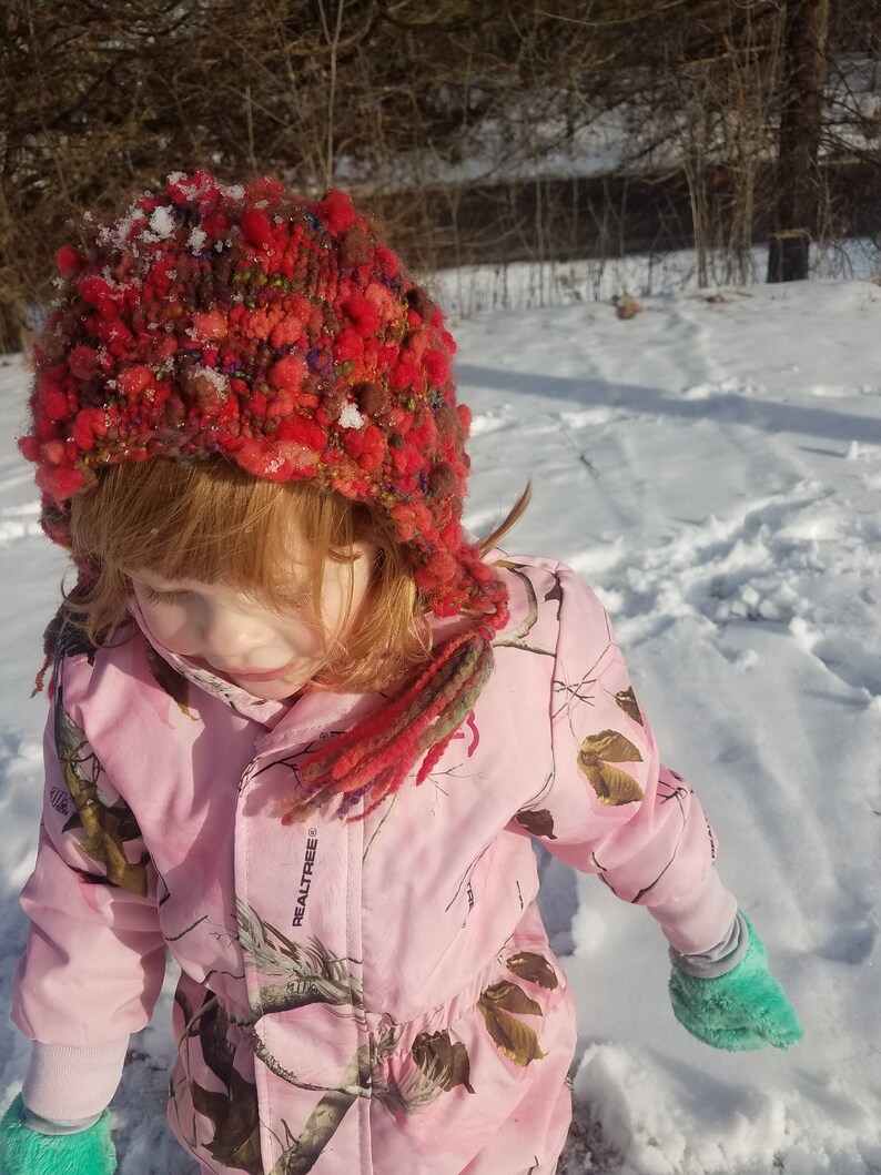 Blue Wool Bonnet Blue Knit Hat Handknit Wool Hat Cute Winter Hat Girl's Wool Hat Woman's Wool Hat Purple Tasseled Hat Orange