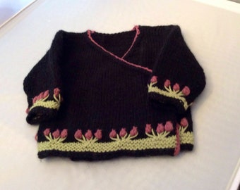 Floral Baby Sweater * Cotton Angora Baby * Handknit Baby Cardigan * Black Baby Sweater * Vintage Look Baby Sweater