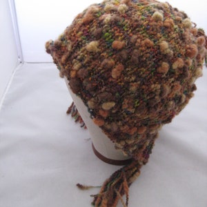 Maroon Knit Bonnet Handknit Tassled Hat Wool Knit Bonnet No Hat Hair Handknit Maroon Bonnet Woman's Knit Hat Boho Wool Hat Brown