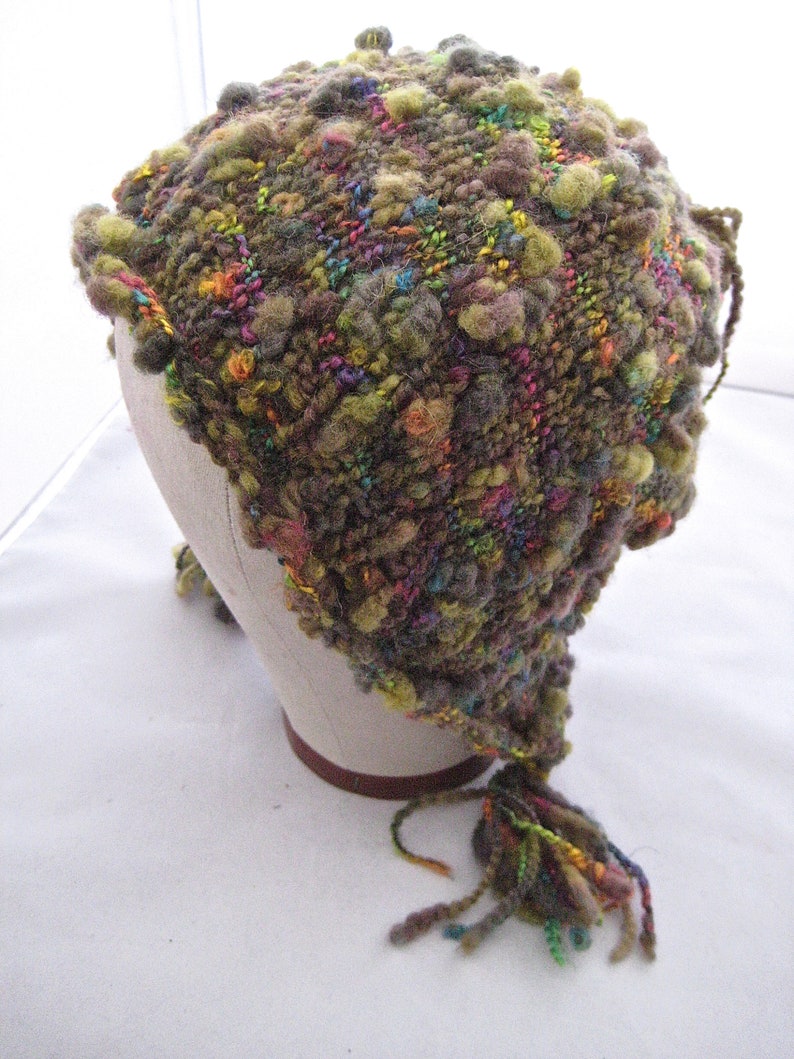 Maroon Knit Bonnet Handknit Tassled Hat Wool Knit Bonnet No Hat Hair Handknit Maroon Bonnet Woman's Knit Hat Boho Wool Hat olive green