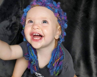 Boho Baby Hat * Boho Baby Bonnet * Wool Baby Bonnet * Handknit Baby Hat * Tassled Baby Hat* Blue Knit Boho Baby Bonnet