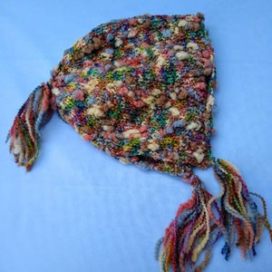 Maroon Knit Bonnet Handknit Tassled Hat Wool Knit Bonnet No Hat Hair Handknit Maroon Bonnet Woman's Knit Hat Boho Wool Hat Yellow