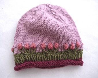 Purple Floral Baby Hat * Handknit Baby Hat * Spring Girl Hat * Cotton Angora Hat * Baby Shower Gift