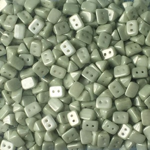 50 St. TRIOS Beads 6 x 4 mm Two Hole Beads White Alabaster, Green Luster