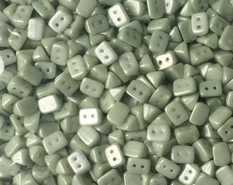 50 St. TRIOS Beads 6x4mm Two Hole Beads White Alabaster, Green Luster