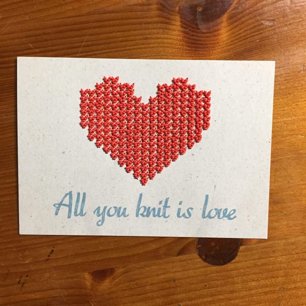 DIY Kit Grußkarte "All you knit is LOVE" zum Besticken Perlenstickerei Anleitung Herz Karte Postkarte Stickerei Recycling Umschlag