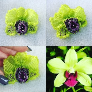 Könnte beinhalten: Nahaufnahme einer grünen, perlenbesetzten Orchideenblütenbrosche mit einem violetten Zentrum. Die Brosche wird in drei verschiedenen Winkeln gezeigt und neben einer echten grünen Orchideenblüte mit einem rosafarbenen Zentrum.