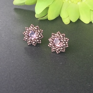 Könnte beinhalten: Ein Paar silberne Ohrstecker mit Blumenmuster und einem kleinen violetten Edelstein in der Mitte jeder Blume.