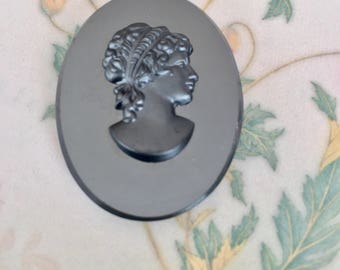 1 St. about 30 x 40 mm vintage Gemme, women's head, comb, jewel, glass, kamee Cabochon (No. 3) black, hematite, shiny mat cameo