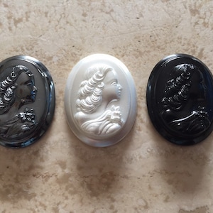 1 pc. aprox. 30 x 40 mm gema vintage, cabeza femenina, cameo, piedra preciosa, vidrio, cabujón de cameo (No. 2) cameo blanco negro hymatite