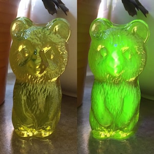 Vintage light green transparent Teddy Bear 3D flat Uranium Petroleum Jelly Glass URANGLAS uranium handmade in Czech Republic