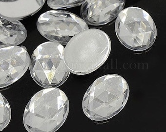 1 St. ca. 25x18x6 mm Acryl Strass Cabochons, facettiert, flache Rückseite, oval, transparent, Acryl Gemme Kammee Schmuckstein