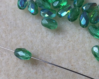 Pack of 50 Olives transparent green AB Bead 6 x 4 mm Oval Rice Beads Fire Polished Cut Glass Beads Emerald