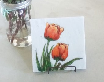 White Marble Tile Trivet Hand Painted with Red Tulip Flowers