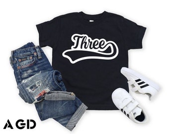 Three - Birthday Shirt, Kids, Toddler, Baseball Tee, Party, Modern Bday, Shirt