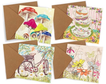Greetings card pack -  4 Designs - Mushrooms, Flowers, Bike Ride and Teacups