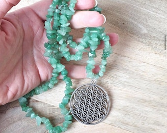 Lange Aventurin-Kristallkette mit großem silbernen Blume des Lebens-Anhänger, lange Perlenkette