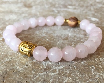 Rosenquarz-Mala Armband mit goldener Buddhaperle