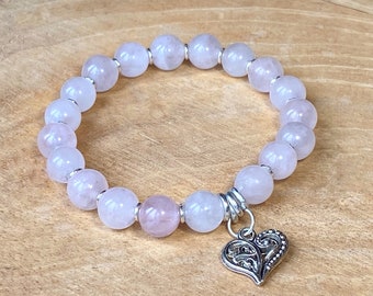Rosa Rosenquarz-Mala-Armband mit silbernem Herzanhänger – perfektes Freundschaftsarmband oder romantisches Geschenk für eine Freundin