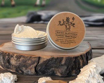 Mantequilla Cowlickin’Beard, sebo de res alimentada con pasto, aceite esencial de sándalo, aceite de jojoba y comino negro, varios tamaños de 2 oz y 4 oz
