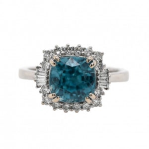 Blue Zircon Cushion 4.76 Carat Halo Ring With Diamond Accents In 14k White Gold, December Birthstone, Rings For Women, Ladies Ring (51193)