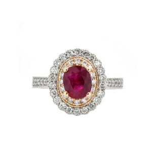 Burmese Ruby Oval 1.29 Carat Double Halo Ring With Diamond Accents In 14k Dual Tone (Yellow/White) Gold, Ring For Women,Wedding Ring (37650)