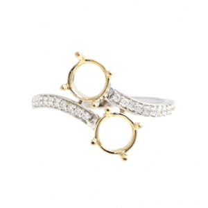 Ring Semi-Mount Round 6mm 14k Dual Tone (White/Yellow) Gold With Diamond Accents, Two Center Stone Diamond Ring, Ladies Bypass Ring (42690)