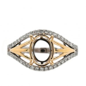 Ring Semi-Mount Oval 9x7mm In 14k Dual Tone (White / Yellow) Gold With Diamond Accents, Wedding Halo Ring Semi Mount, Jewelry Gift (39709)