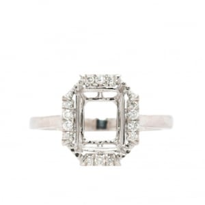 Ring Semi-Mount Emerald Cut 9x7mm In 14K White Gold With Diamond Accents, Designer Simple Halo Ring Semi Mount, Jewelry Gift (42729)