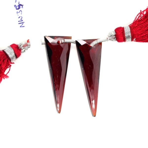 Hydro Garnet Drops Trillion Shape 33x12mm Front To Back Drilled Beads Matching Pair, Deep Red Color Faceted Drops, For Earrings (51783)
