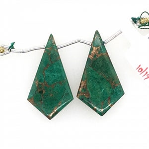 Copper Azurite Malachite Drops Shield Shape 33x20mm Drilled Beads Matching Pair, Nice Green and Copper Color Tones, Smooth Drops (23836)