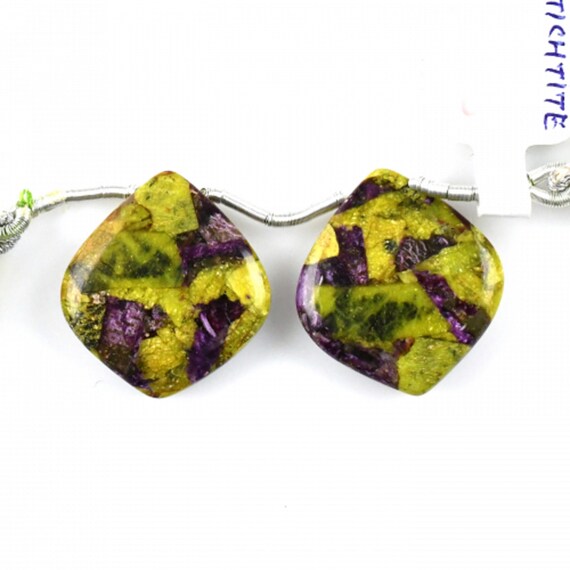 Stichtite Drops Leaf Shape 22x21mm Drilled Beads Matching Pair, Vibrant  Green Color Accented with Purple Accents, Smooth Drops (40303)