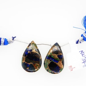 Copper Azurite Malachite Drops Almond Shape 25x15mm Drilled Beads Matching Pair, Blue Green Color Accented With Copper Tones (25365)