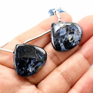 Pietersite Drops Heart Shape 24x23mm Drilled Beads Matching Pair, Tempest Stone, Smooth Blue Color Briolettes, For Earring Making (36527)